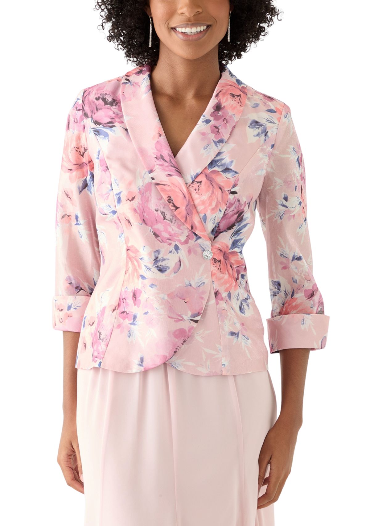 Womens 3/4 Sleeve Shawl Collar Floral Print Organza Top