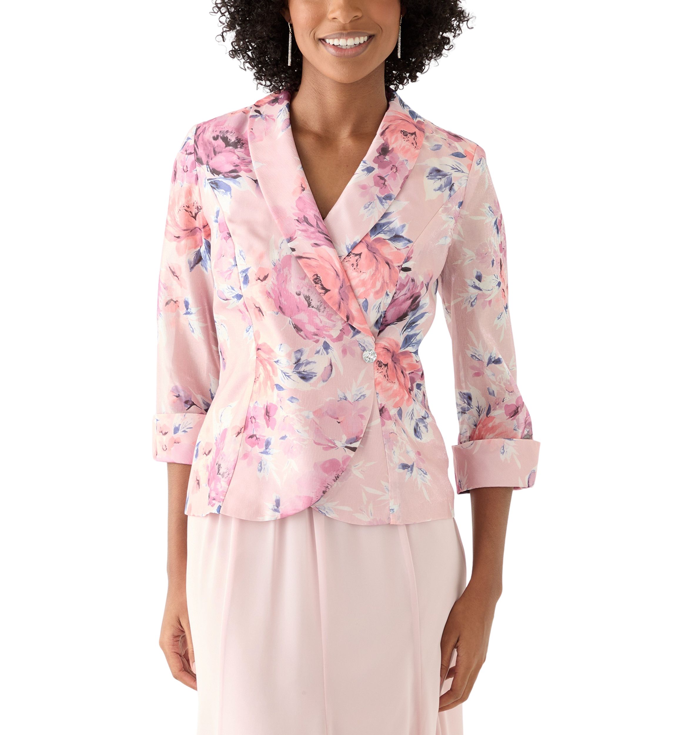 Womens 3/4 Sleeve Shawl Collar Floral Print Organza Top