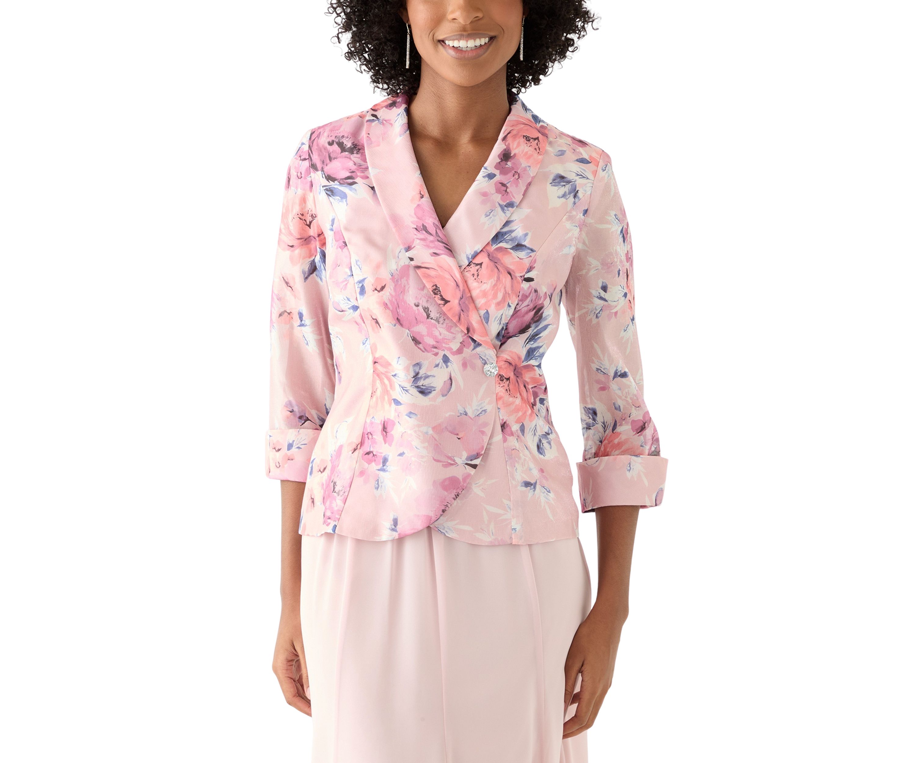 Womens 3/4 Sleeve Shawl Collar Floral Print Organza Top