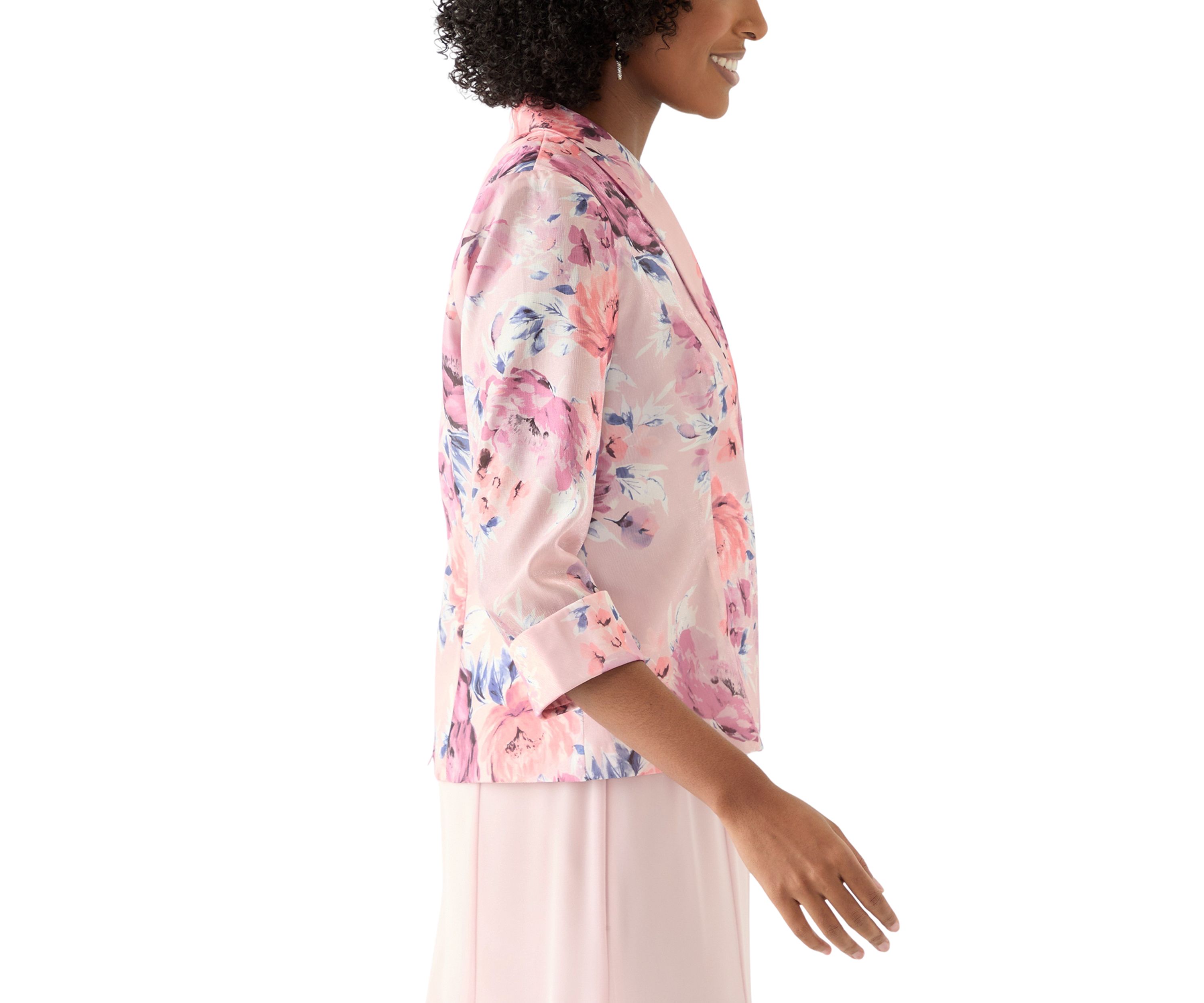 Womens 3/4 Sleeve Shawl Collar Floral Print Organza Top