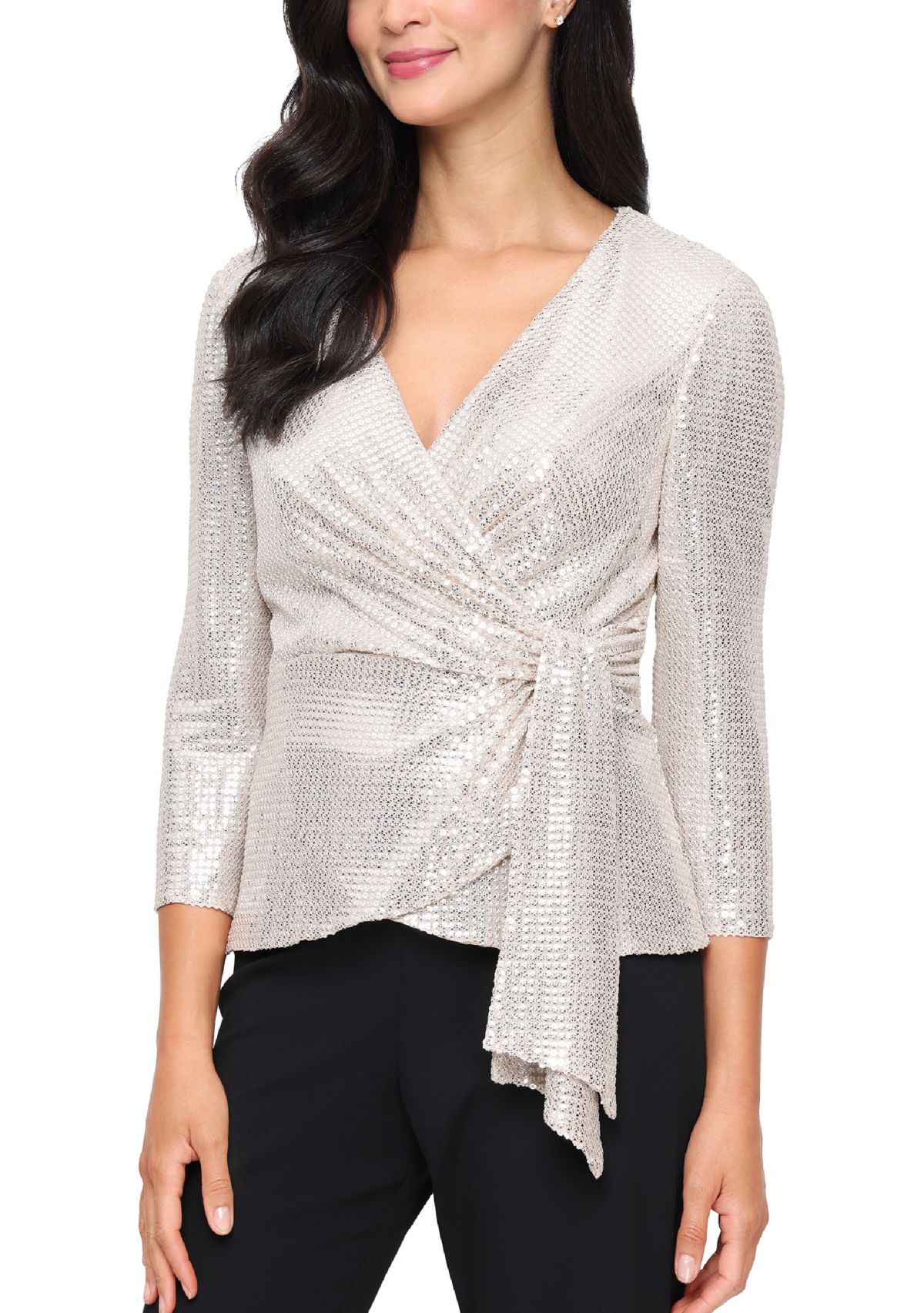 Womens 3/4 Sleeve Stretch Sequin Blouse