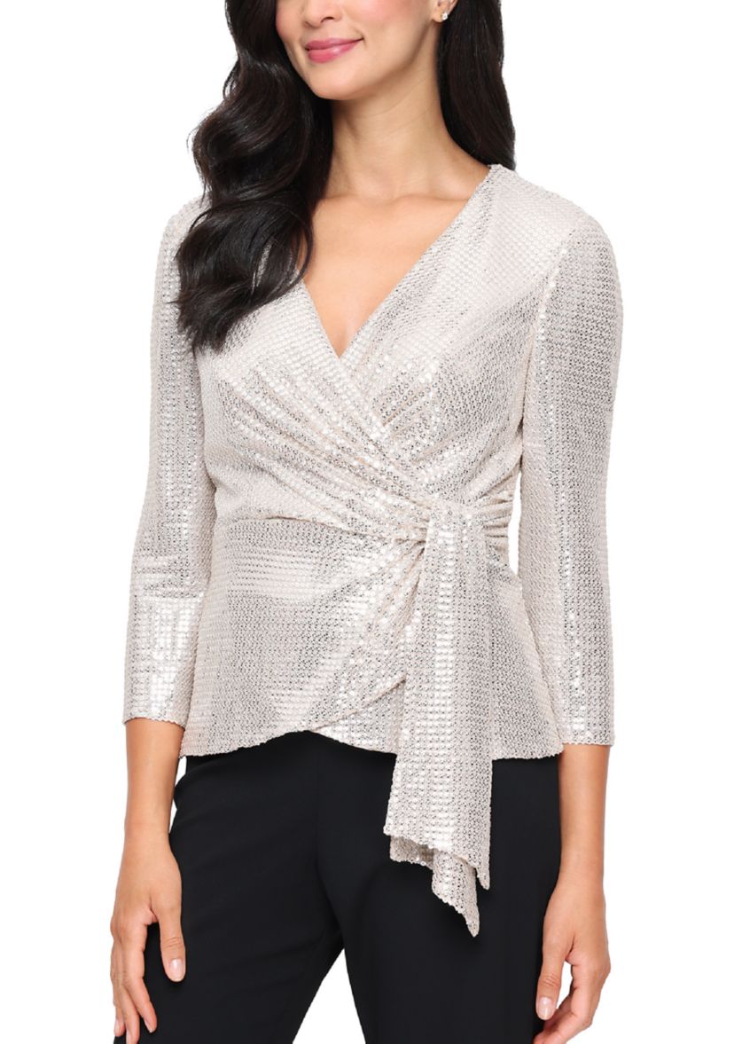 Womens 3/4 Sleeve Stretch Sequin Blouse