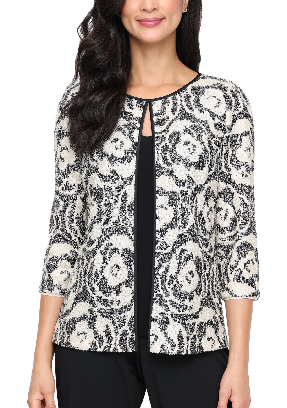 Womens 3/4 Sleeve Patterned Sequin Mock Twinset