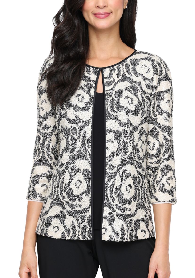 Womens 3/4 Sleeve Patterned Sequin Mock Twinset