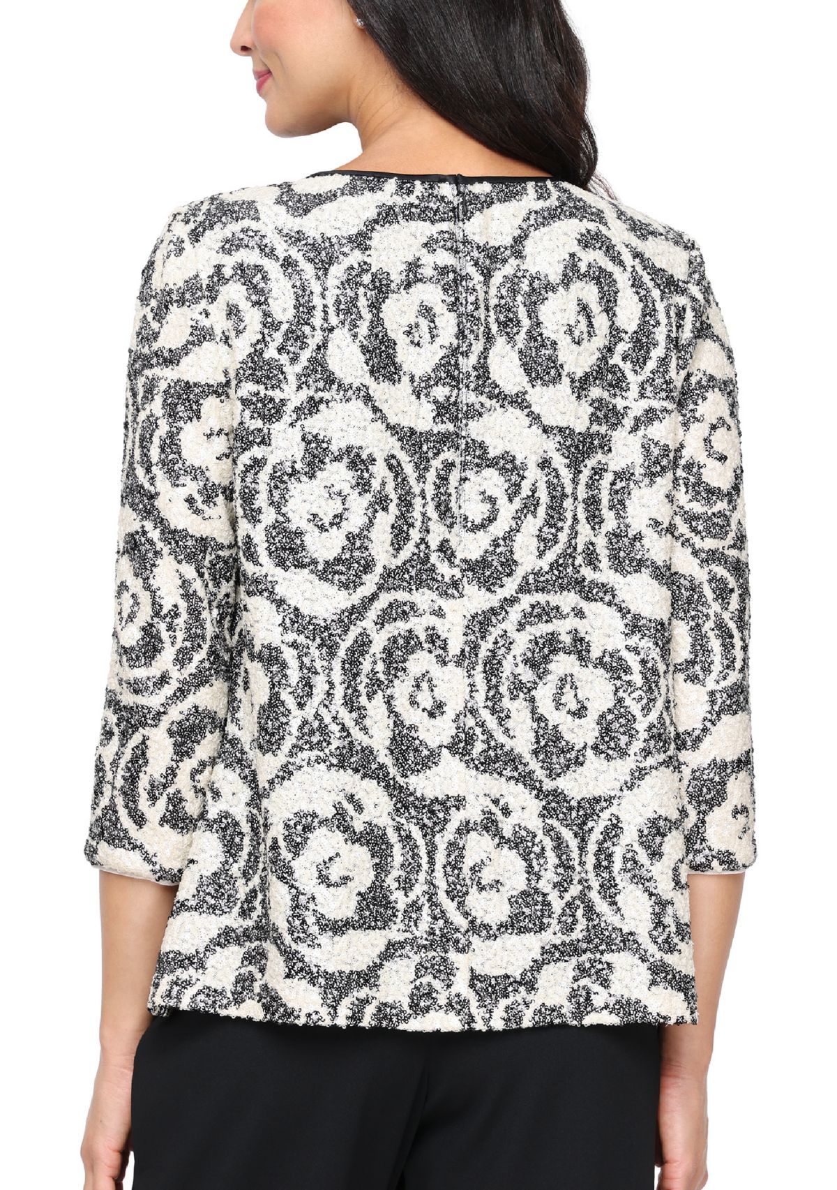 Womens 3/4 Sleeve Patterned Sequin Mock Twinset