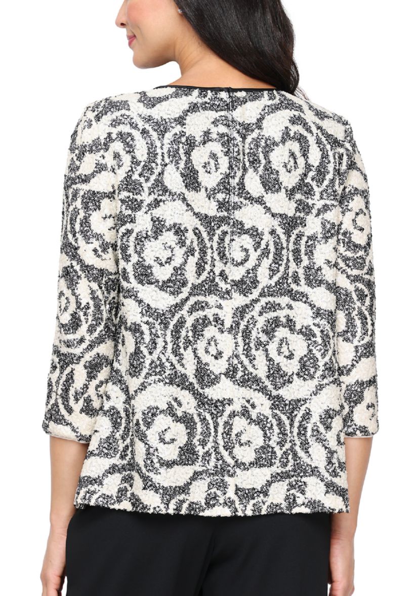 Womens 3/4 Sleeve Patterned Sequin Mock Twinset