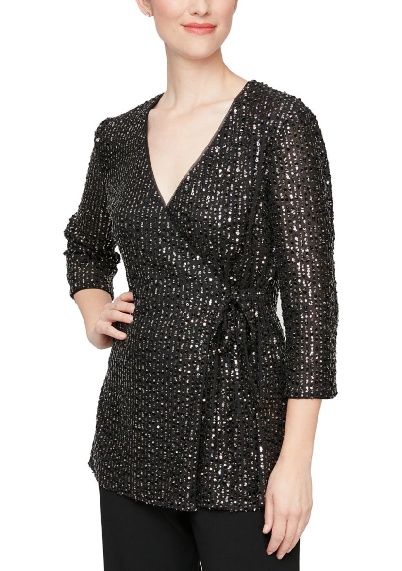 Womens 3/4 Sleeve Side Tie Sequin Blouse