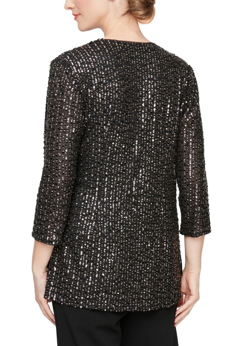 Womens 3/4 Sleeve Side Tie Sequin Blouse