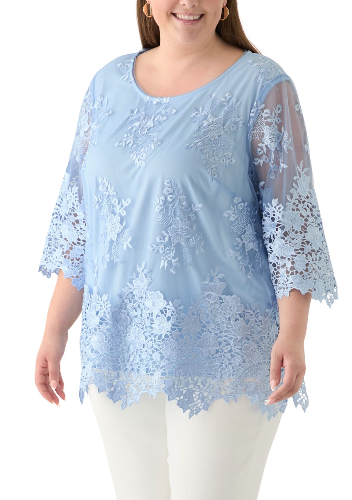 Plus Size 3/4 Sleeve Embroidered Detail Tunic