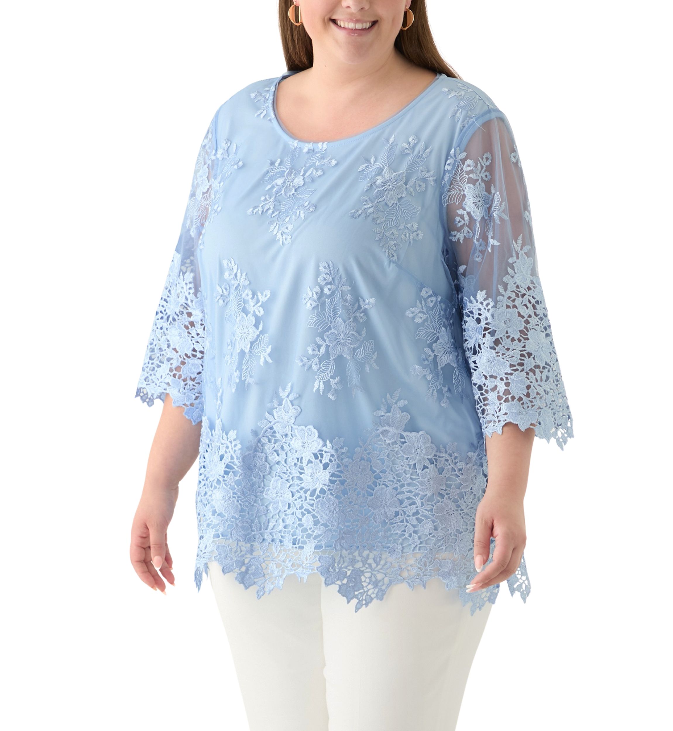 Plus Size 3/4 Sleeve Embroidered Detail Tunic