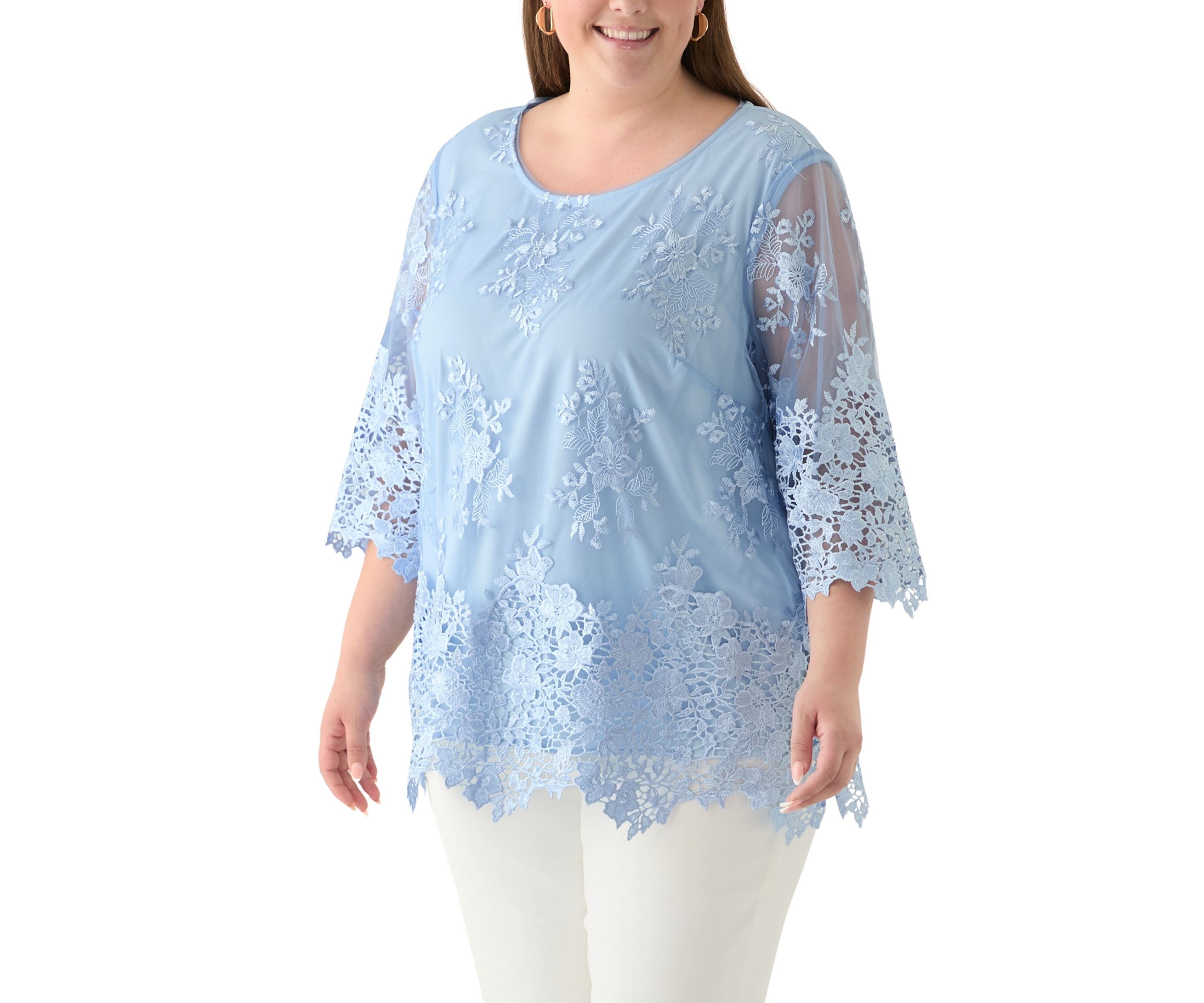 Plus Size 3/4 Sleeve Embroidered Detail Tunic