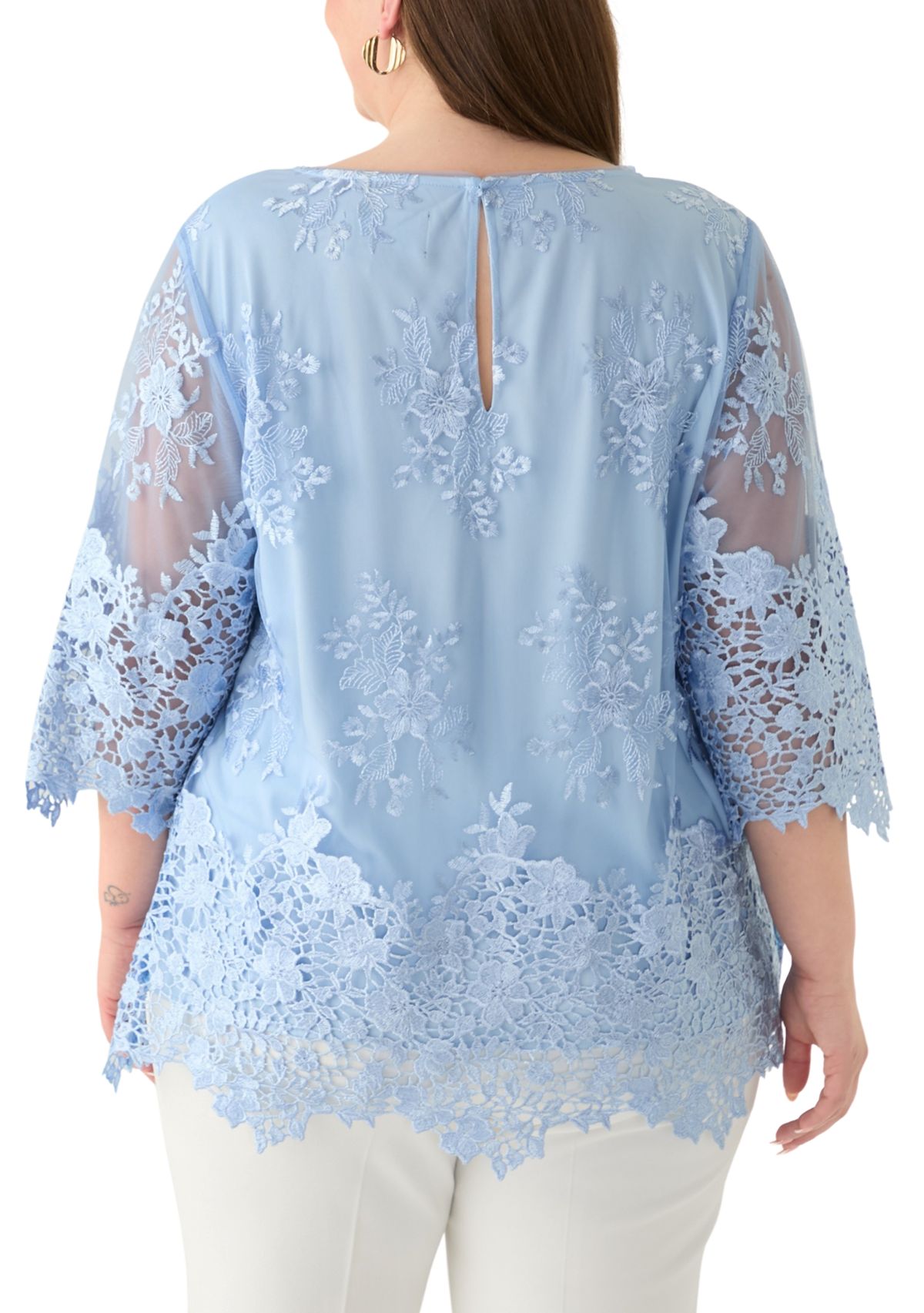 Plus Size 3/4 Sleeve Embroidered Detail Tunic