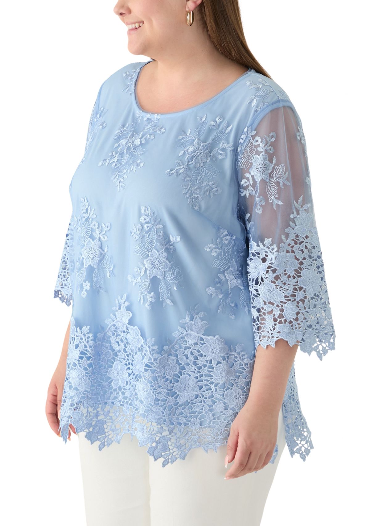 Plus Size 3/4 Sleeve Embroidered Detail Tunic