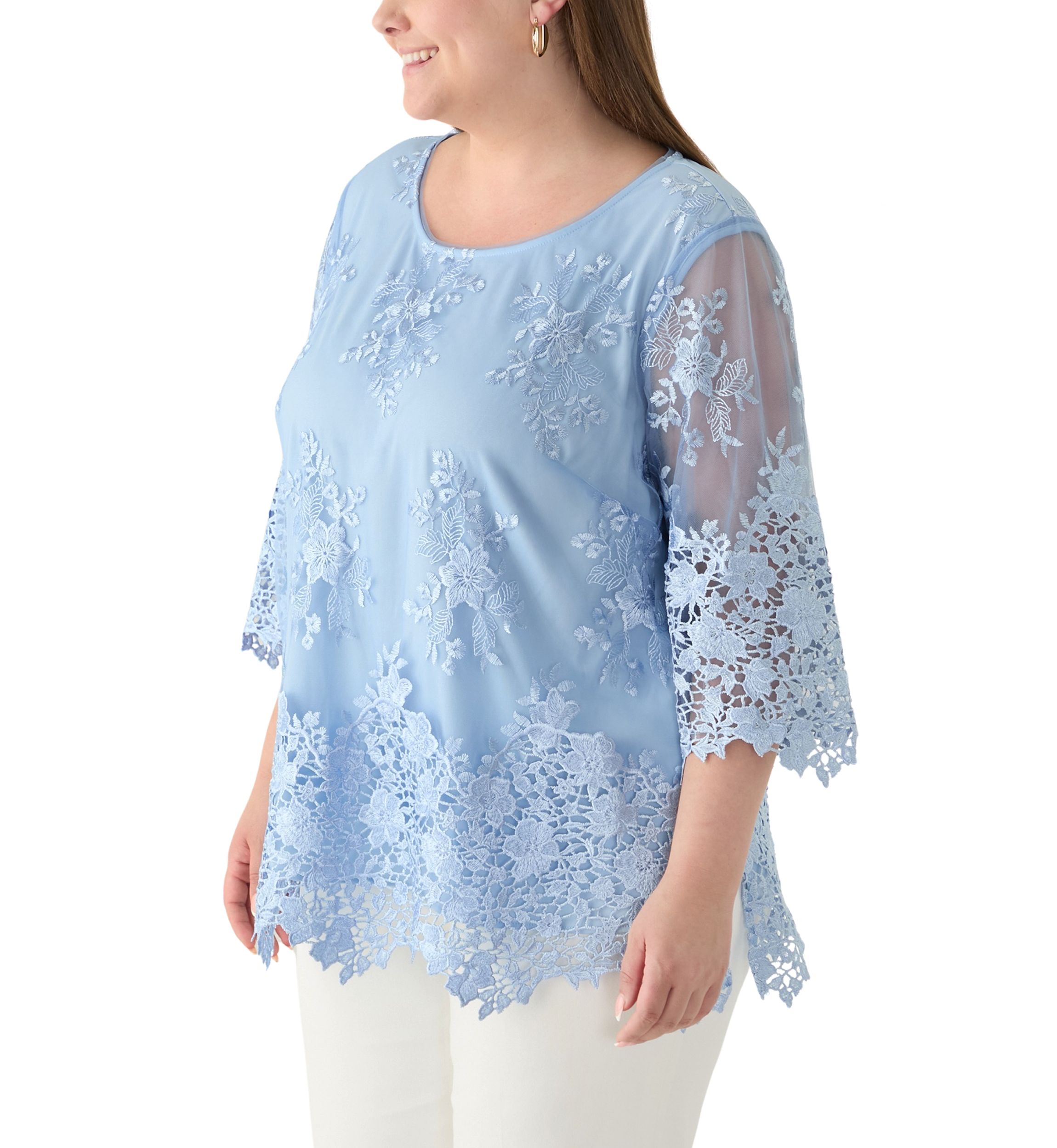 Plus Size 3/4 Sleeve Embroidered Detail Tunic