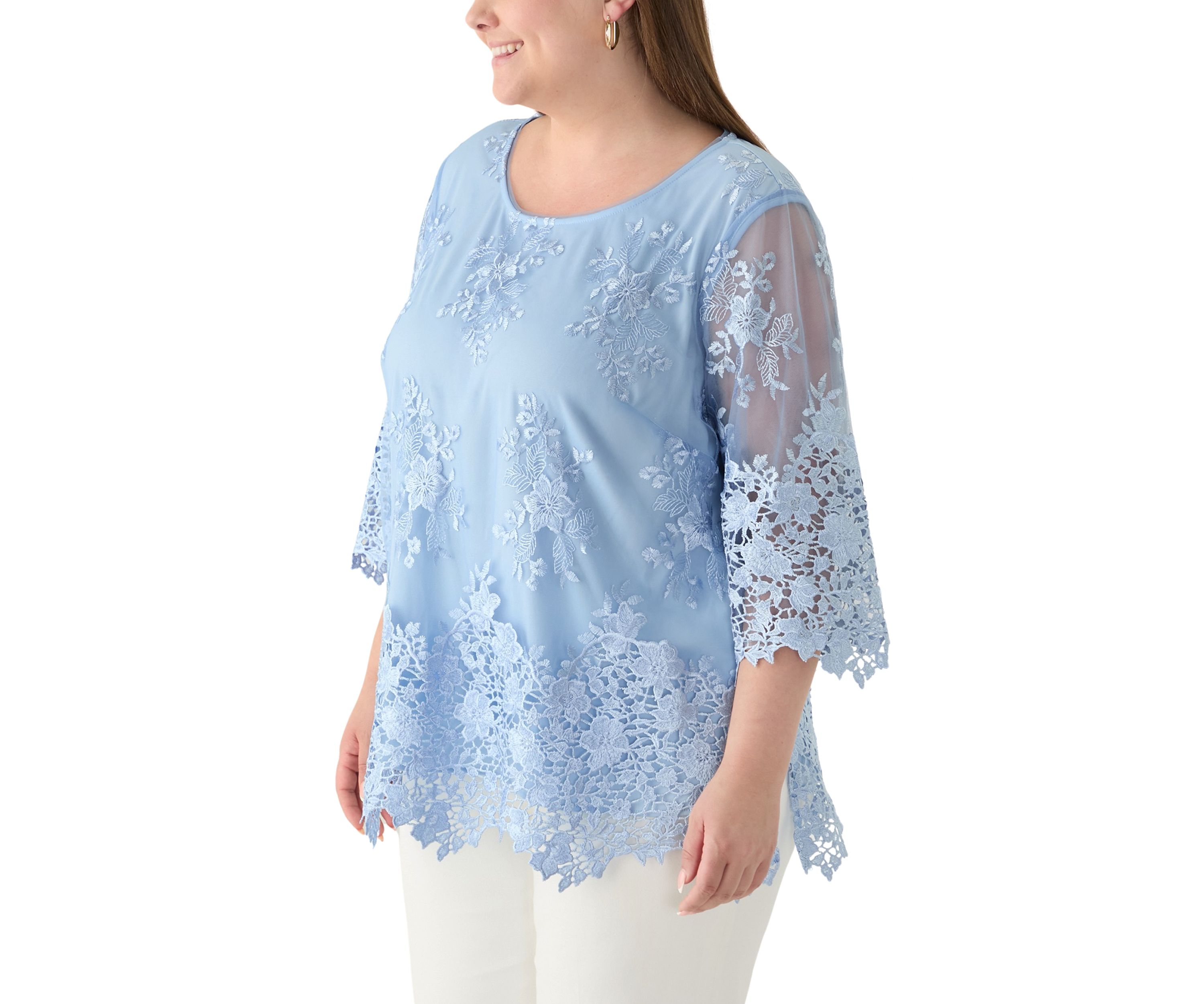 Plus Size 3/4 Sleeve Embroidered Detail Tunic