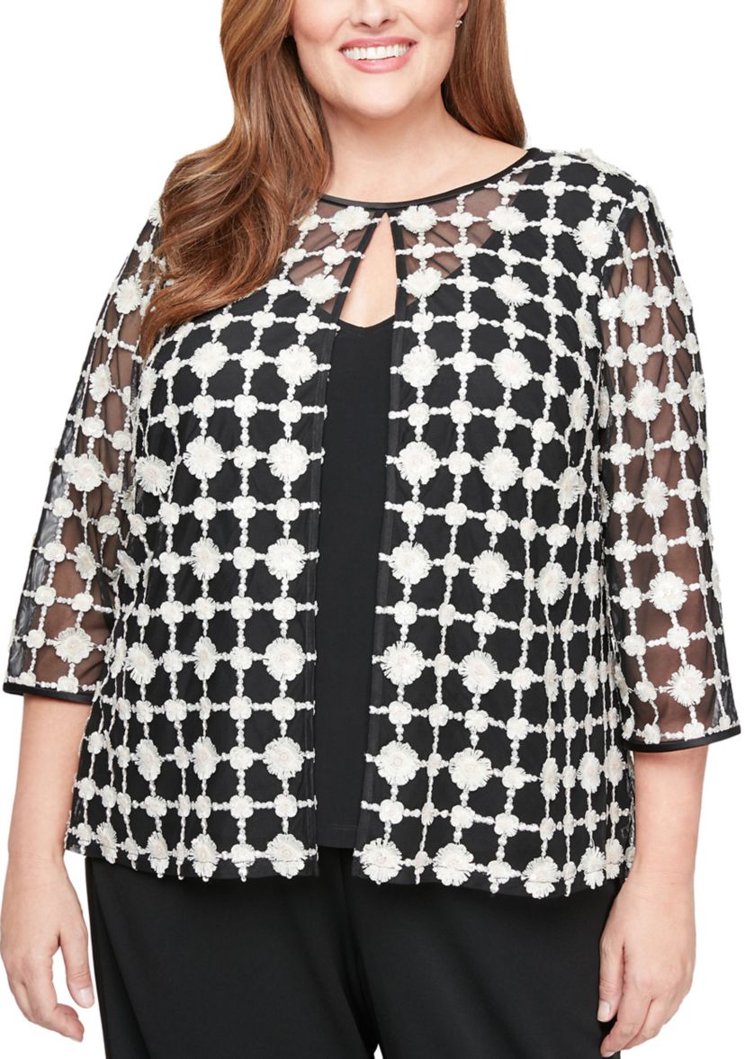 Plus Size 3/4 Sleeve Embroidered Mock Twinset with Attached Jacket 