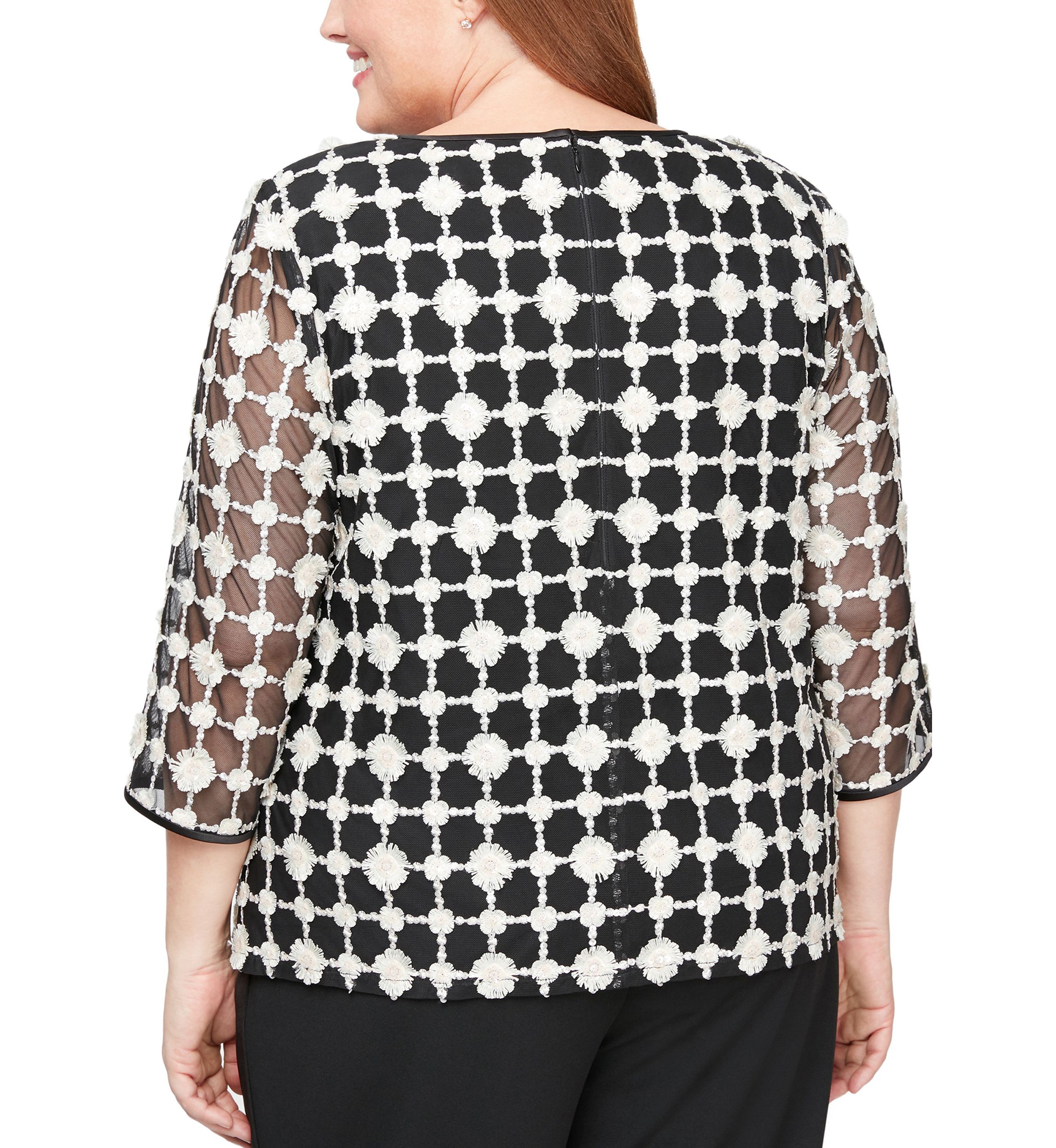 Plus Size 3/4 Sleeve Embroidered Mock Twinset with Attached Jacket 