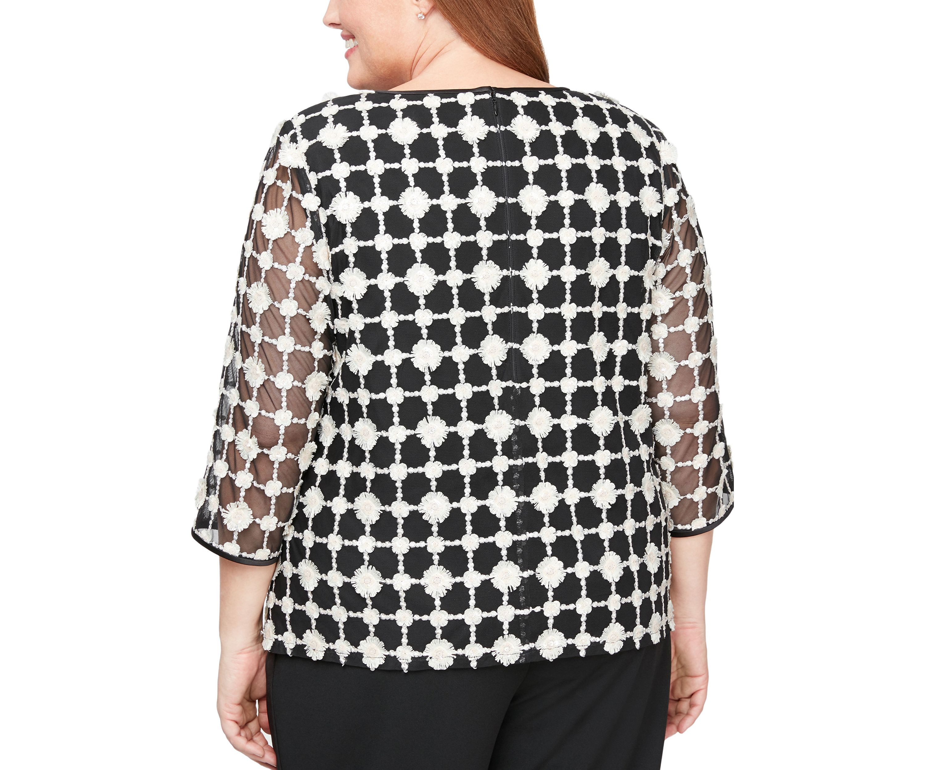 Plus Size 3/4 Sleeve Embroidered Mock Twinset with Attached Jacket 