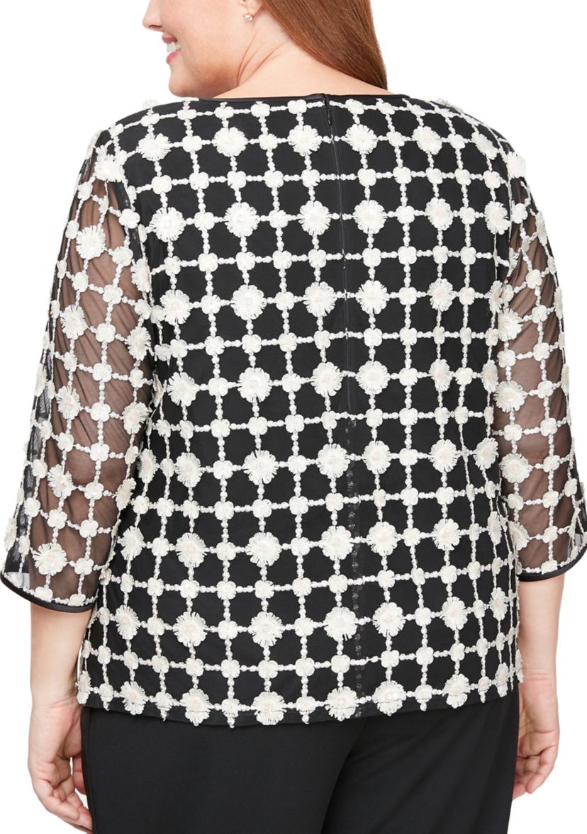 Plus Size 3/4 Sleeve Embroidered Mock Twinset with Attached Jacket 