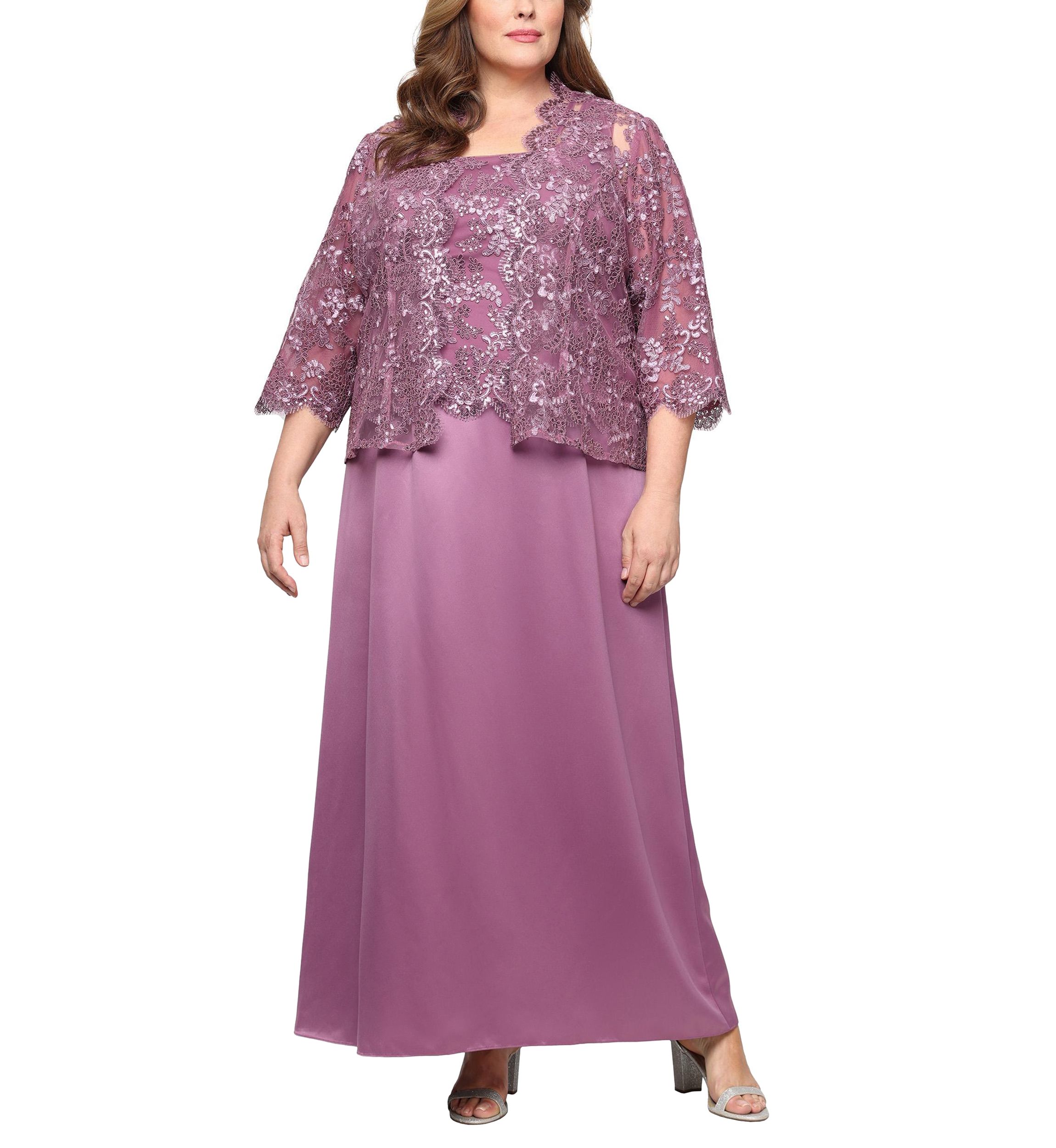 Plus Size Long Embroidered Tulle Mock Jacket Dress