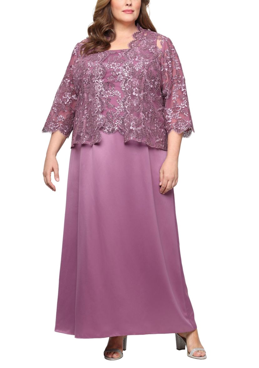 Plus Size Long Embroidered Tulle Mock Jacket Dress