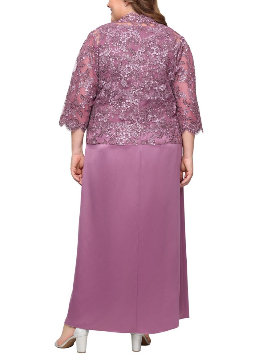 Plus Size Long Embroidered Tulle Mock Jacket Dress