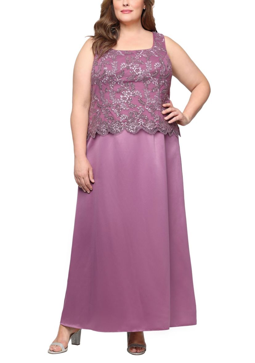 Plus Size Long Embroidered Tulle Mock Jacket Dress