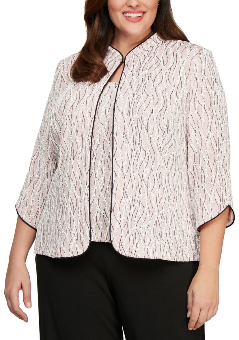 Plus Size 3/4 Sleeve Printed Mandarin Neck Twinset