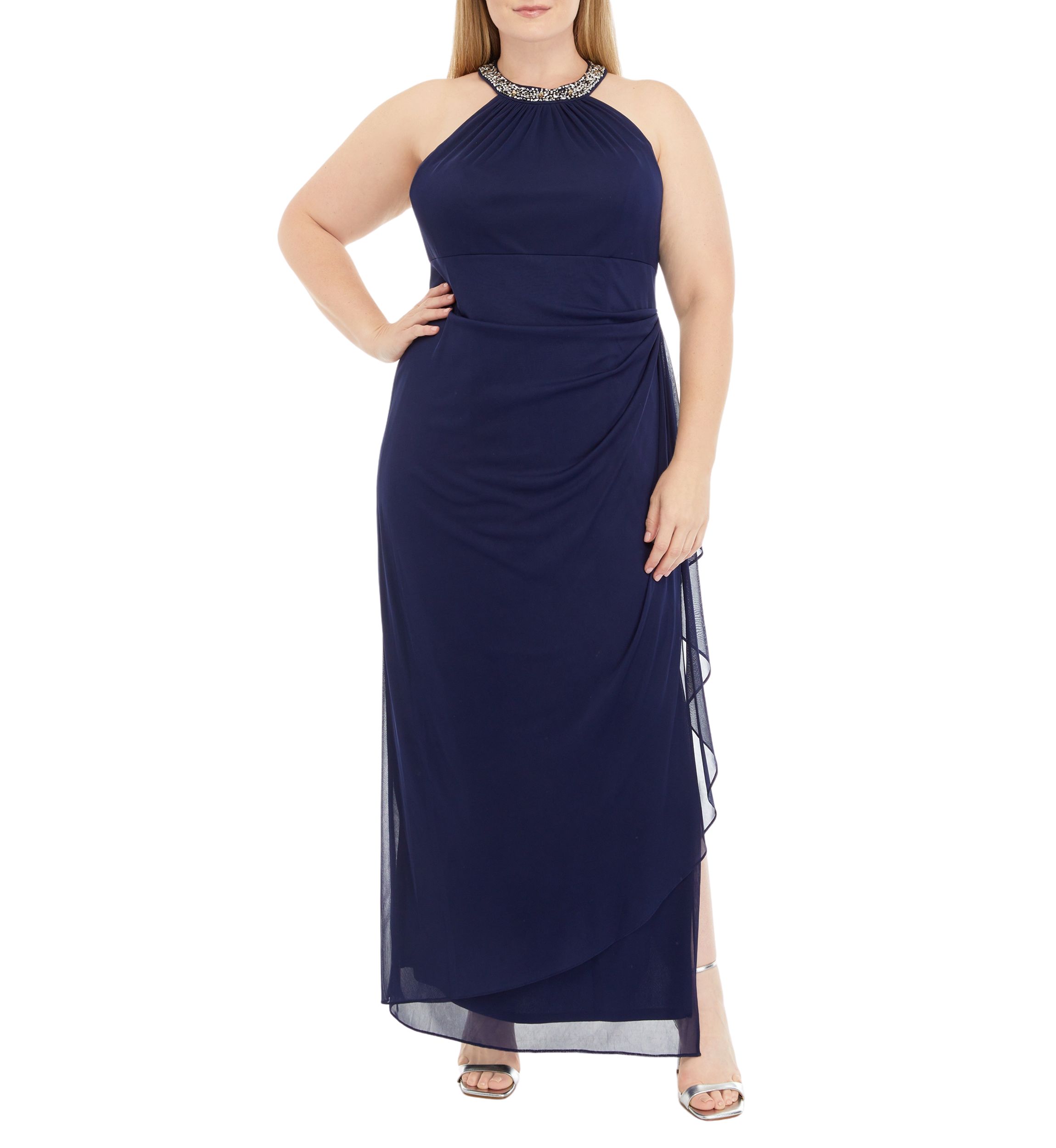 Womens Long Sleeveless Dress with Beaded Halter Neckline