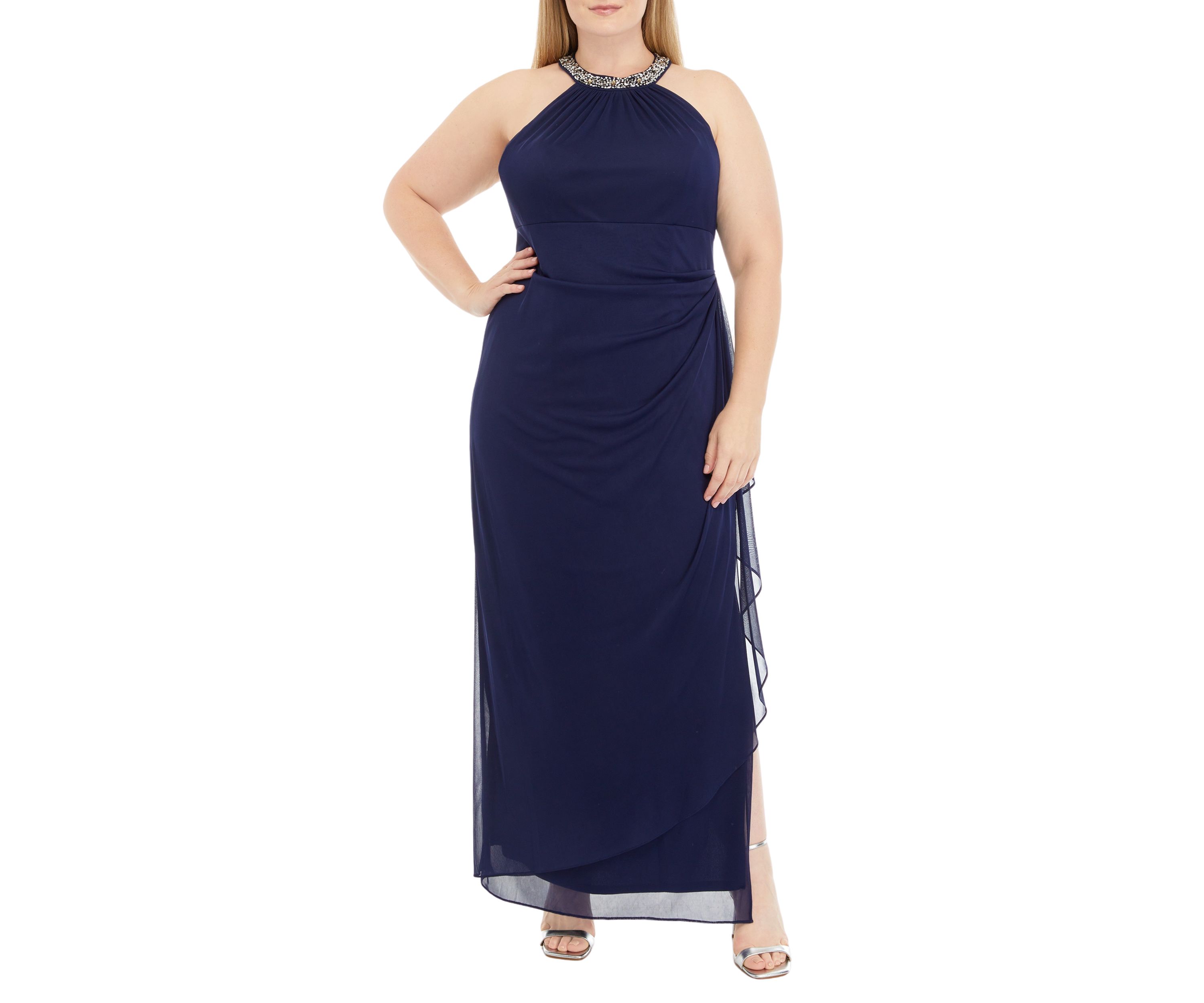 Womens Long Sleeveless Dress with Beaded Halter Neckline