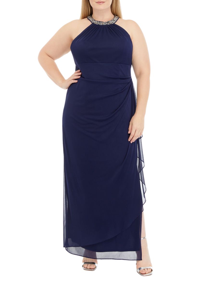 Womens Long Sleeveless Dress with Beaded Halter Neckline