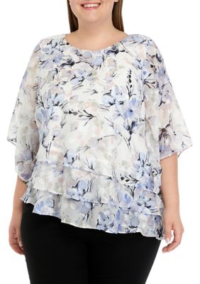 Plus Elbow Sleeve Printed Chiffon Blouse with Asymmetric Triple Tier Hem