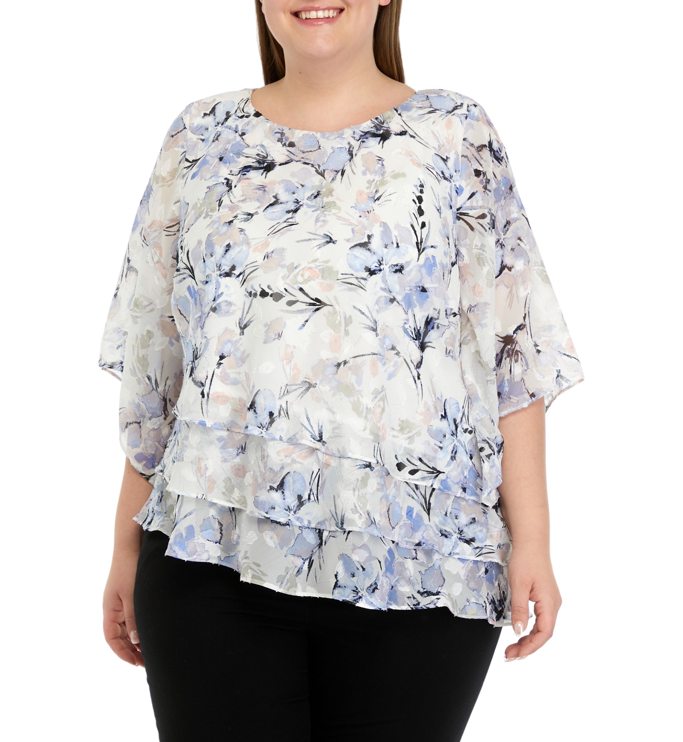 Plus Size Elbow Sleeve Printed Chiffon Blouse with Asymmetric Triple Tier Hem