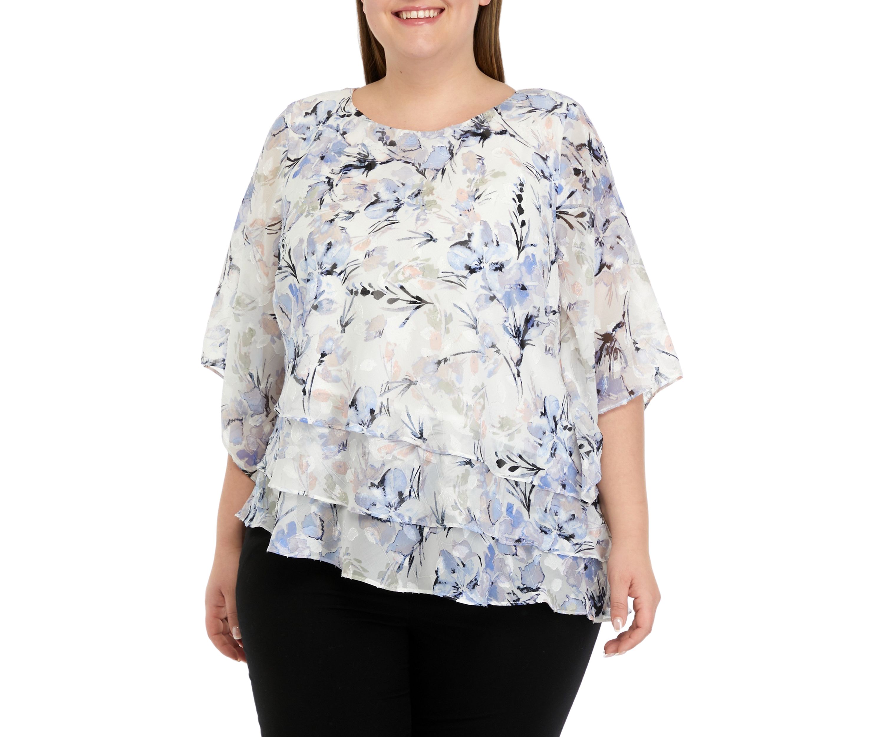 Plus Size Elbow Sleeve Printed Chiffon Blouse with Asymmetric Triple Tier Hem