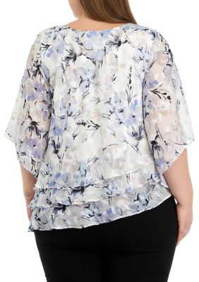 Plus Elbow Sleeve Printed Chiffon Blouse with Asymmetric Triple Tier Hem