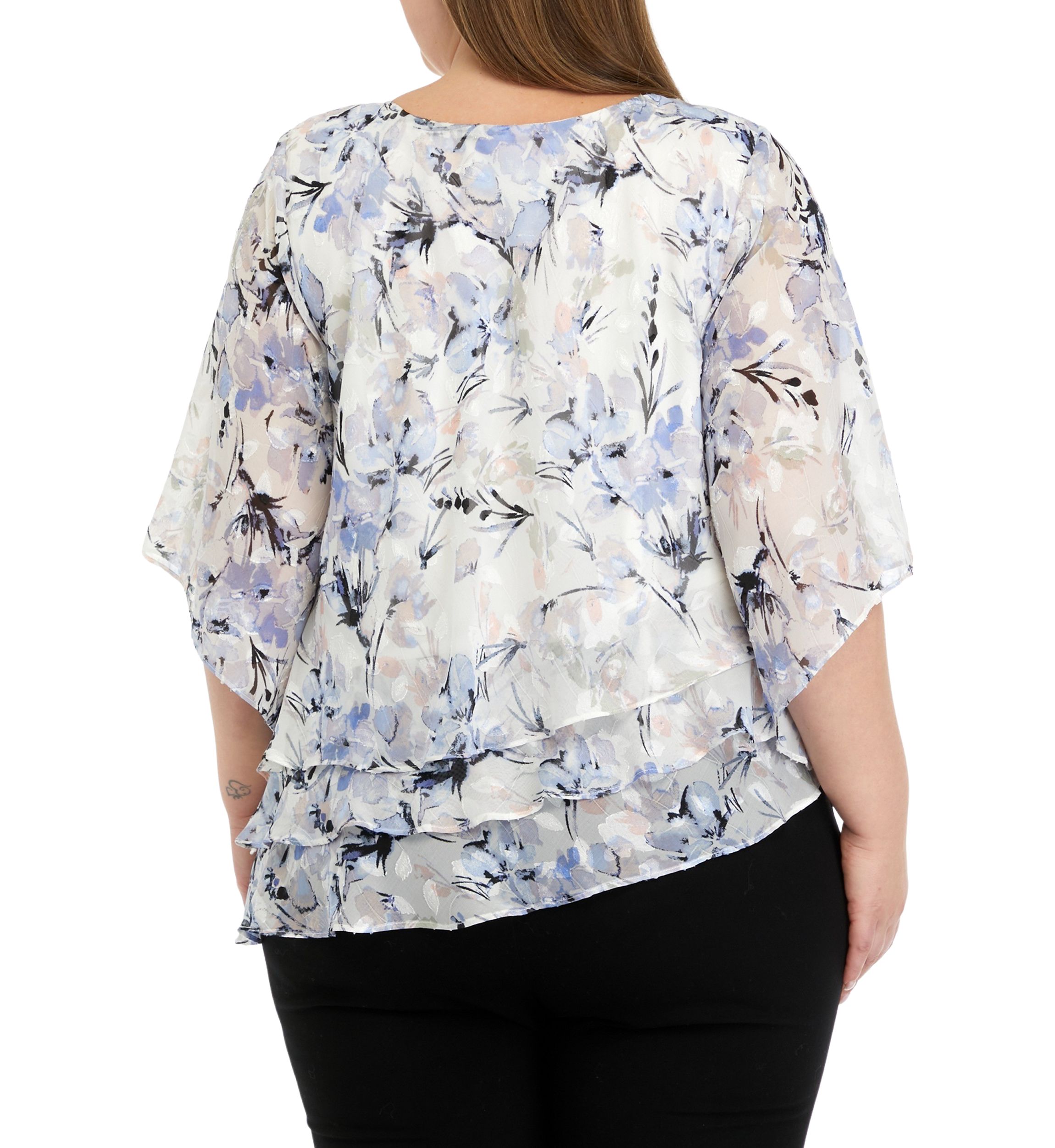 Plus Size Elbow Sleeve Printed Chiffon Blouse with Asymmetric Triple Tier Hem