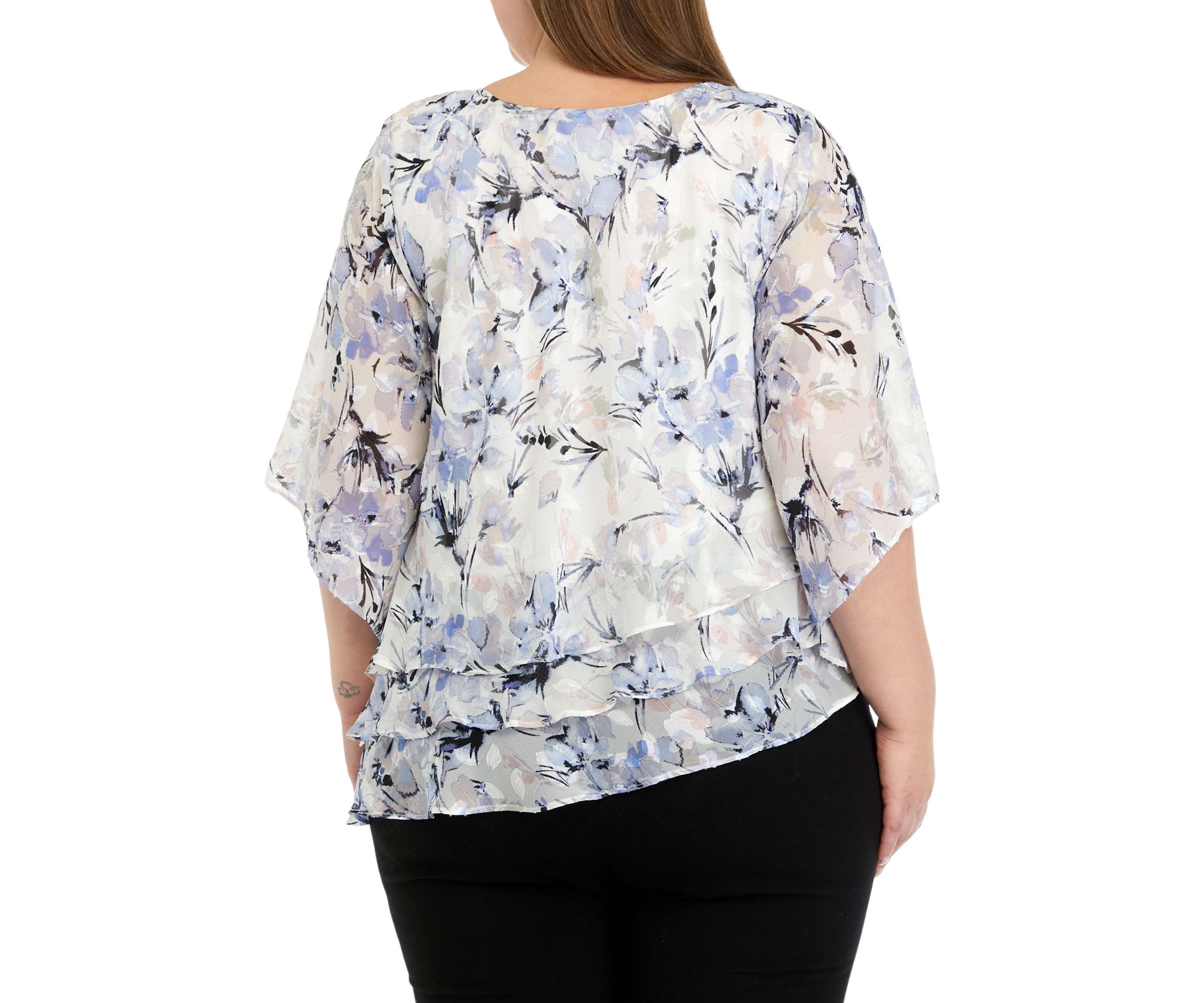 Plus Size Elbow Sleeve Printed Chiffon Blouse with Asymmetric Triple Tier Hem
