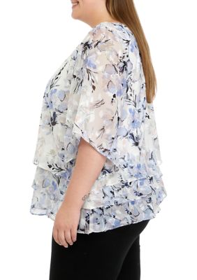 Plus Elbow Sleeve Printed Chiffon Blouse with Asymmetric Triple Tier Hem