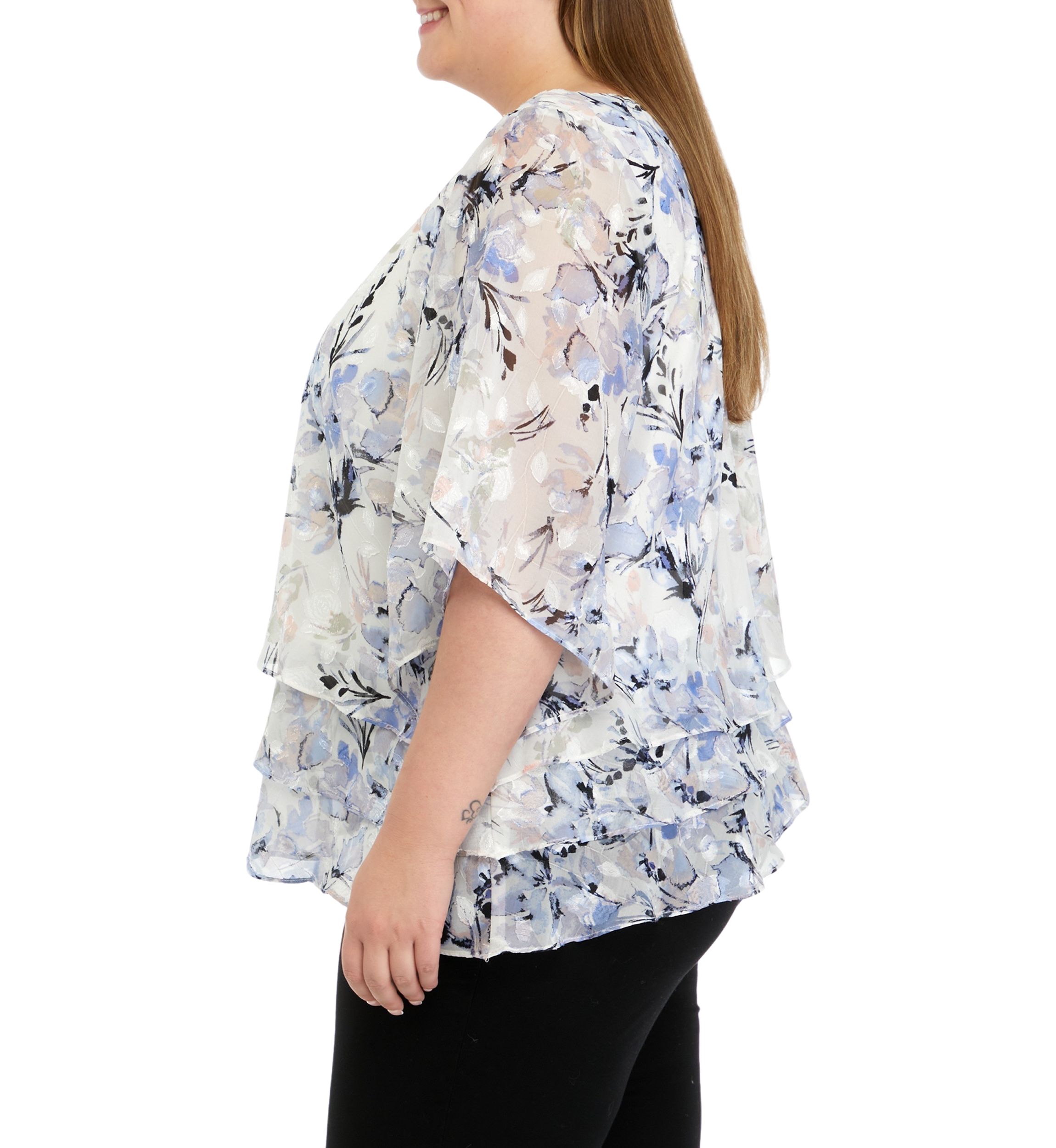 Plus Size Elbow Sleeve Printed Chiffon Blouse with Asymmetric Triple Tier Hem