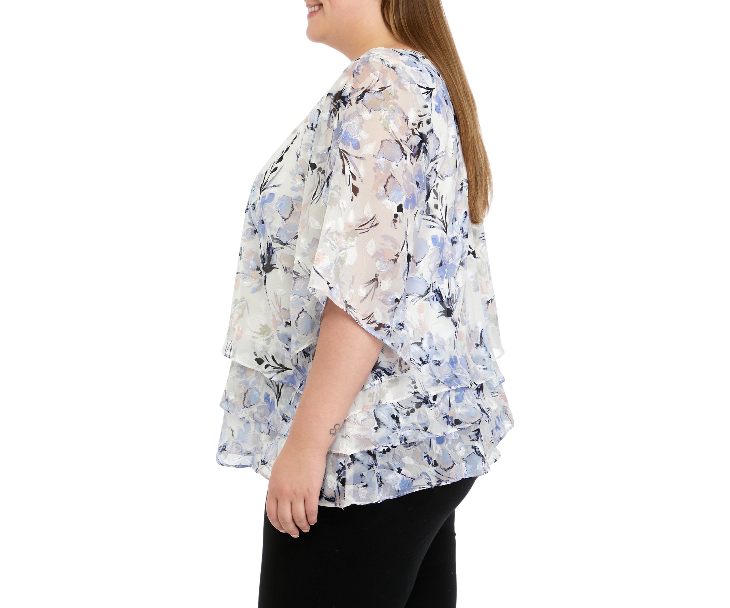Plus Size Elbow Sleeve Printed Chiffon Blouse with Asymmetric Triple Tier Hem