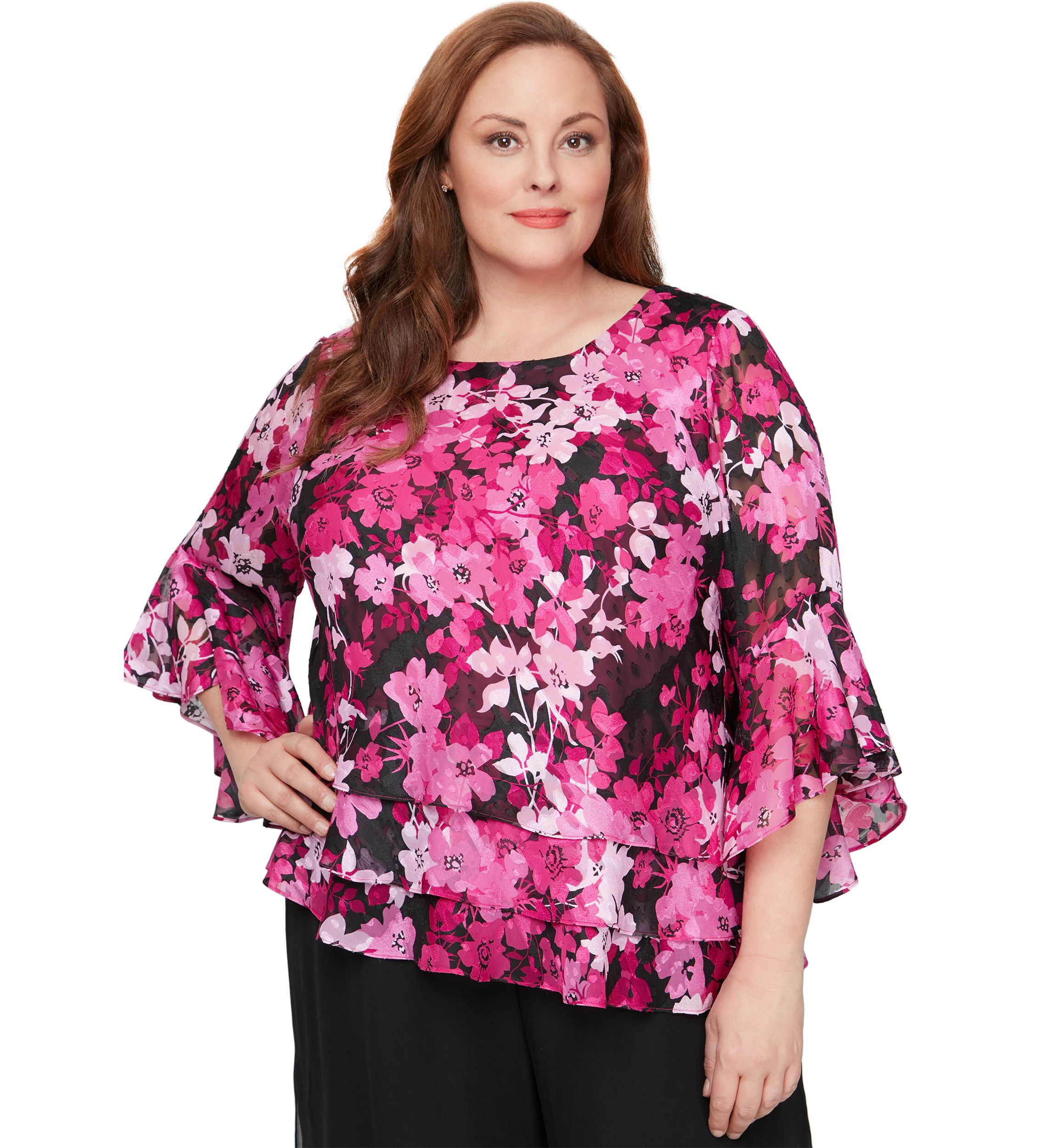 Plus Size 3/4 Sleeve Printed Blouse with Asymmetric Triple Tier Hem