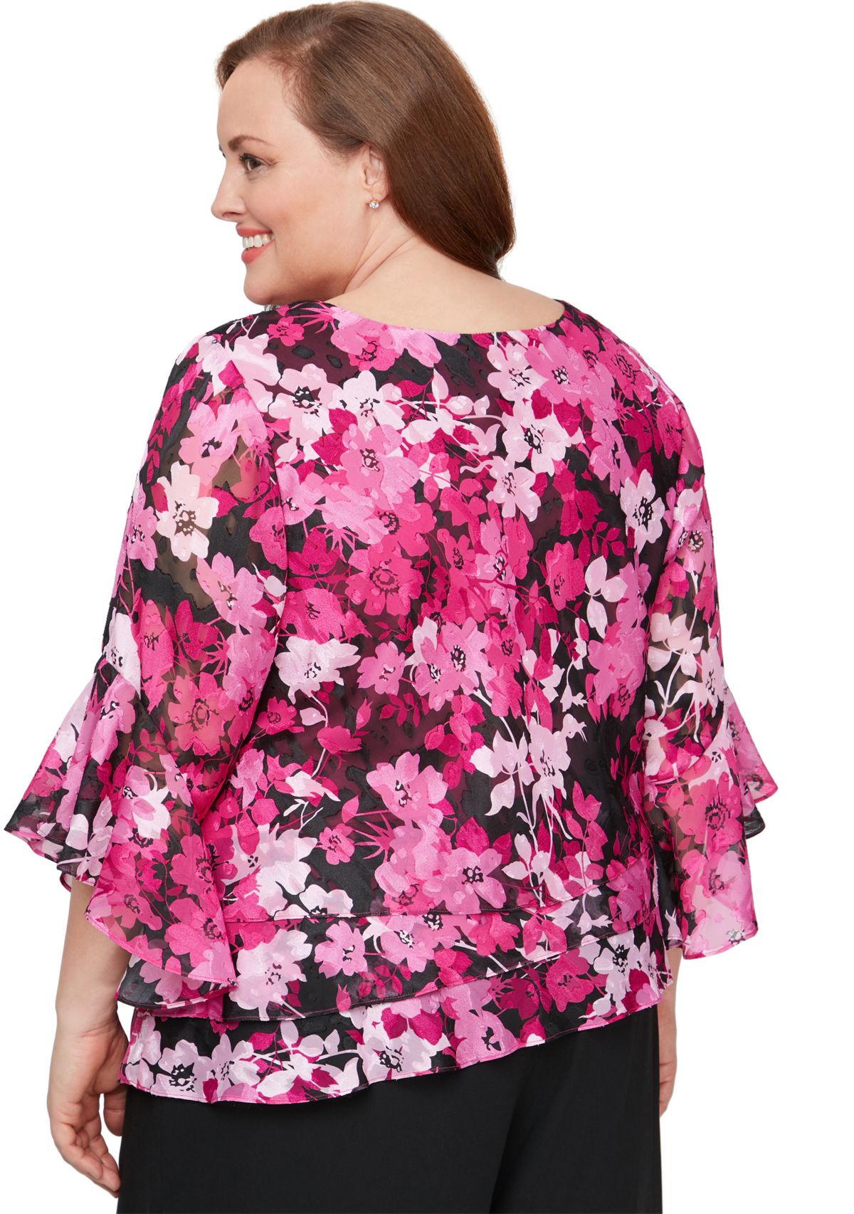 Plus Size 3/4 Sleeve Printed Blouse with Asymmetric Triple Tier Hem