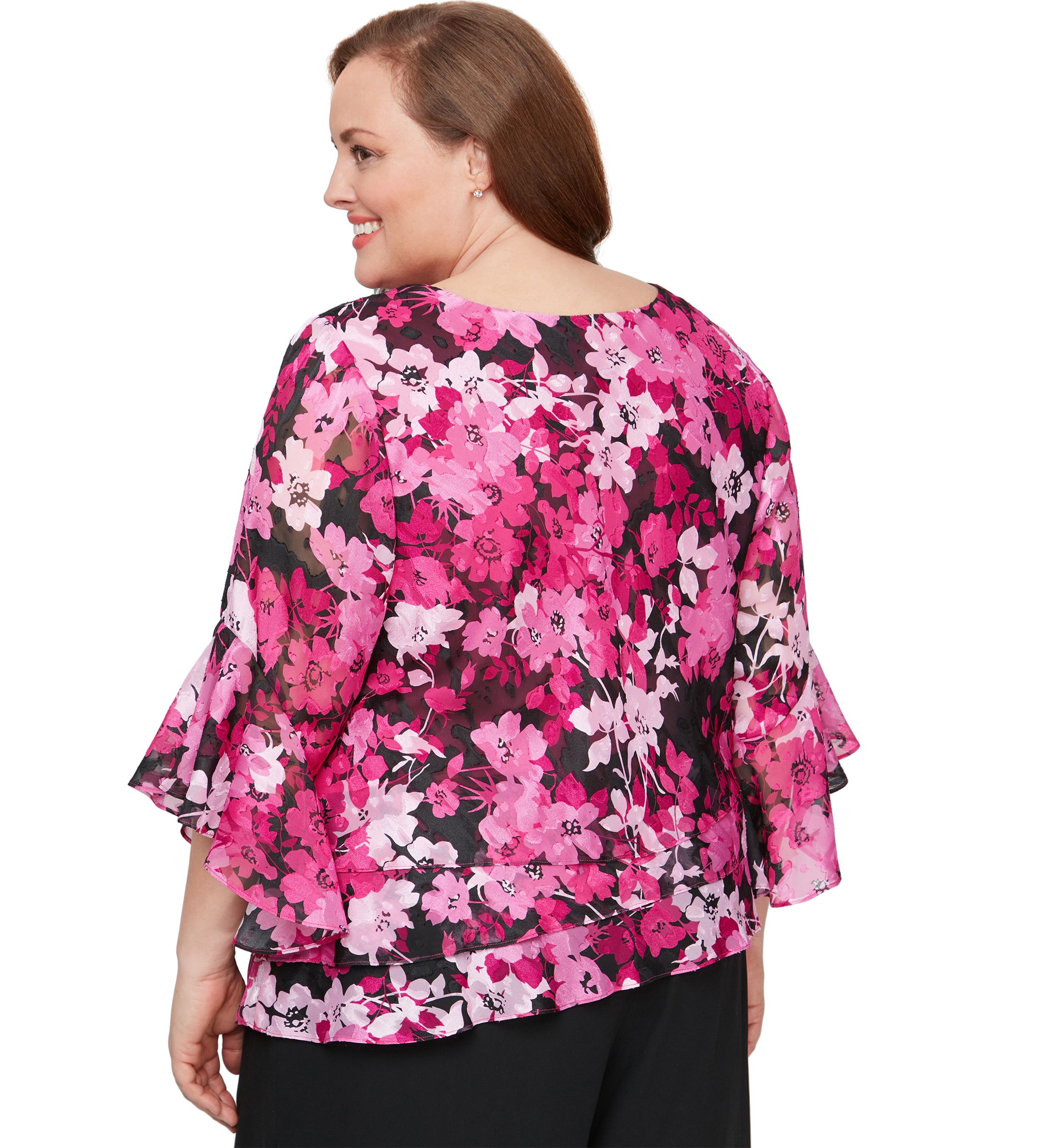 Plus Size 3/4 Sleeve Printed Blouse with Asymmetric Triple Tier Hem