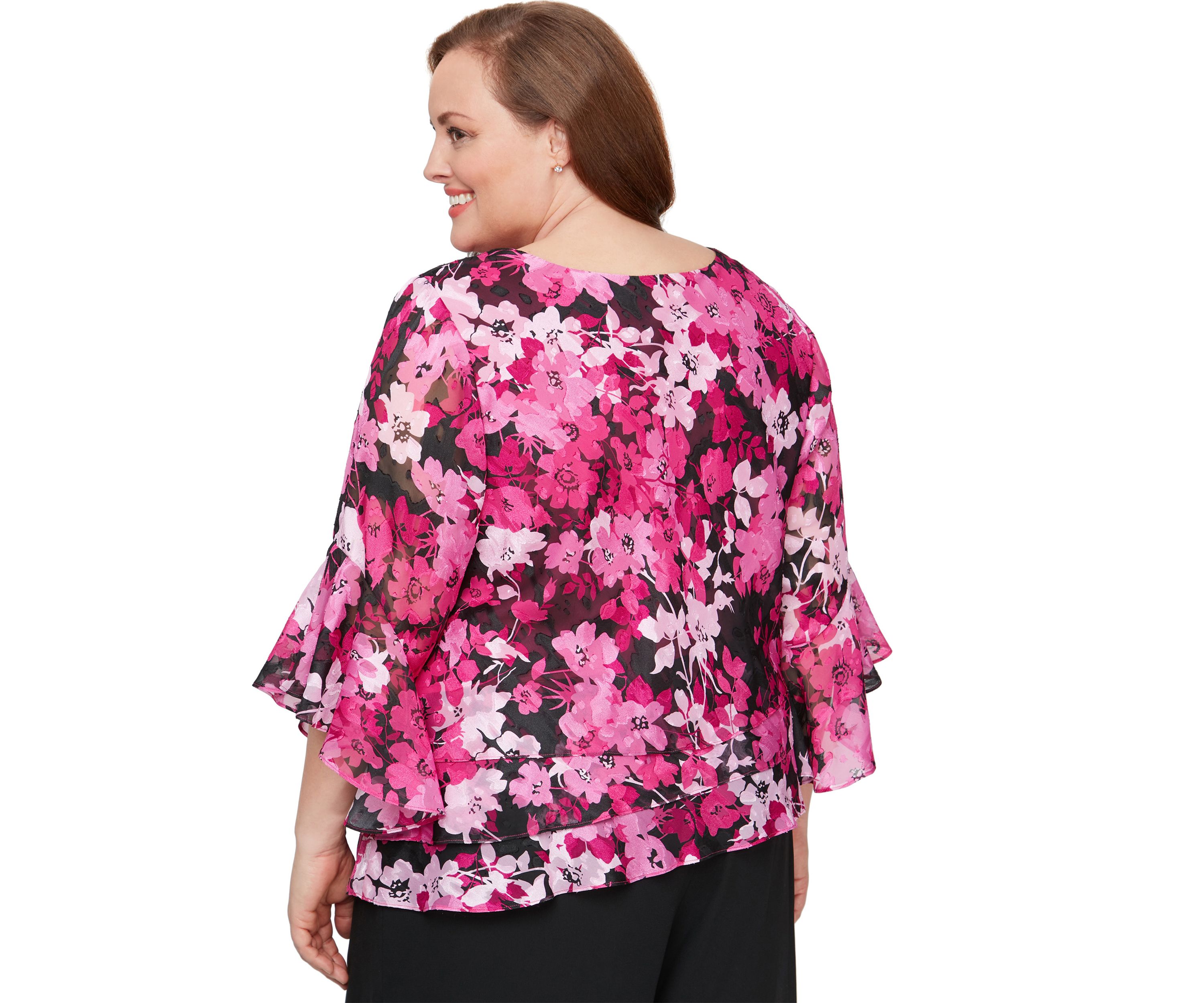 Plus Size 3/4 Sleeve Printed Blouse with Asymmetric Triple Tier Hem