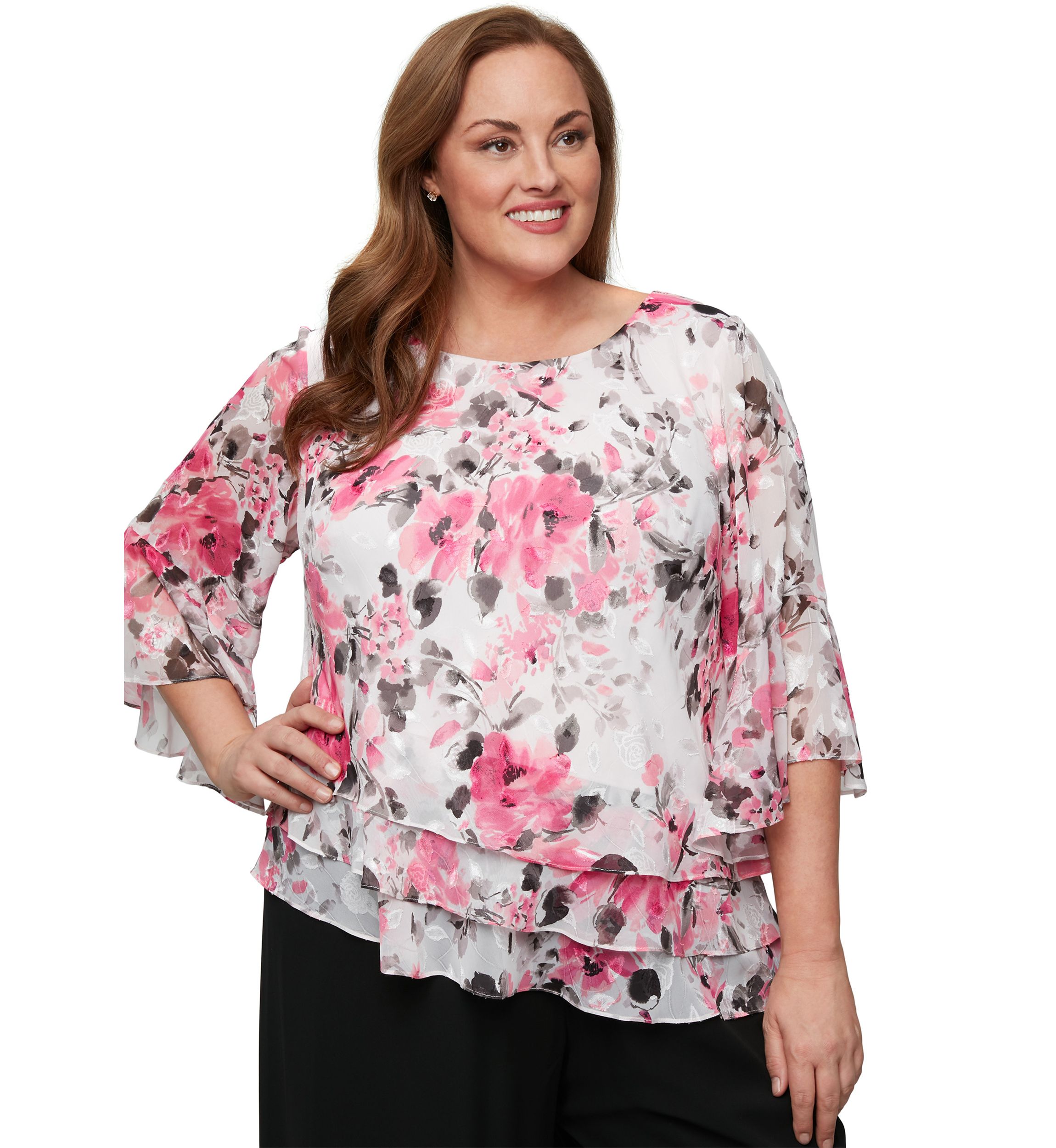Plus Size 3/4 Sleeve Printed Chiffon Burnout Blouse