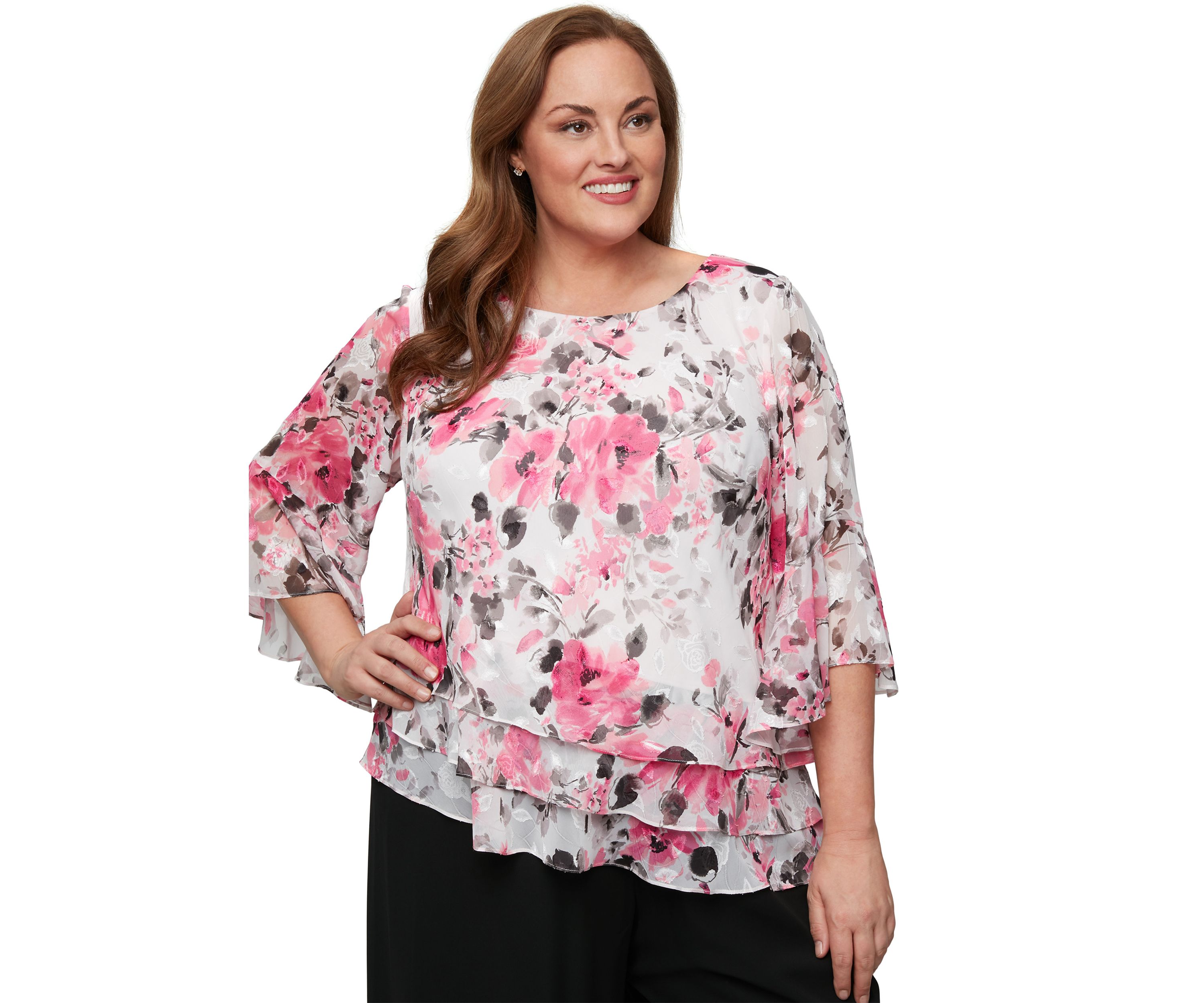Plus Size 3/4 Sleeve Printed Chiffon Burnout Blouse