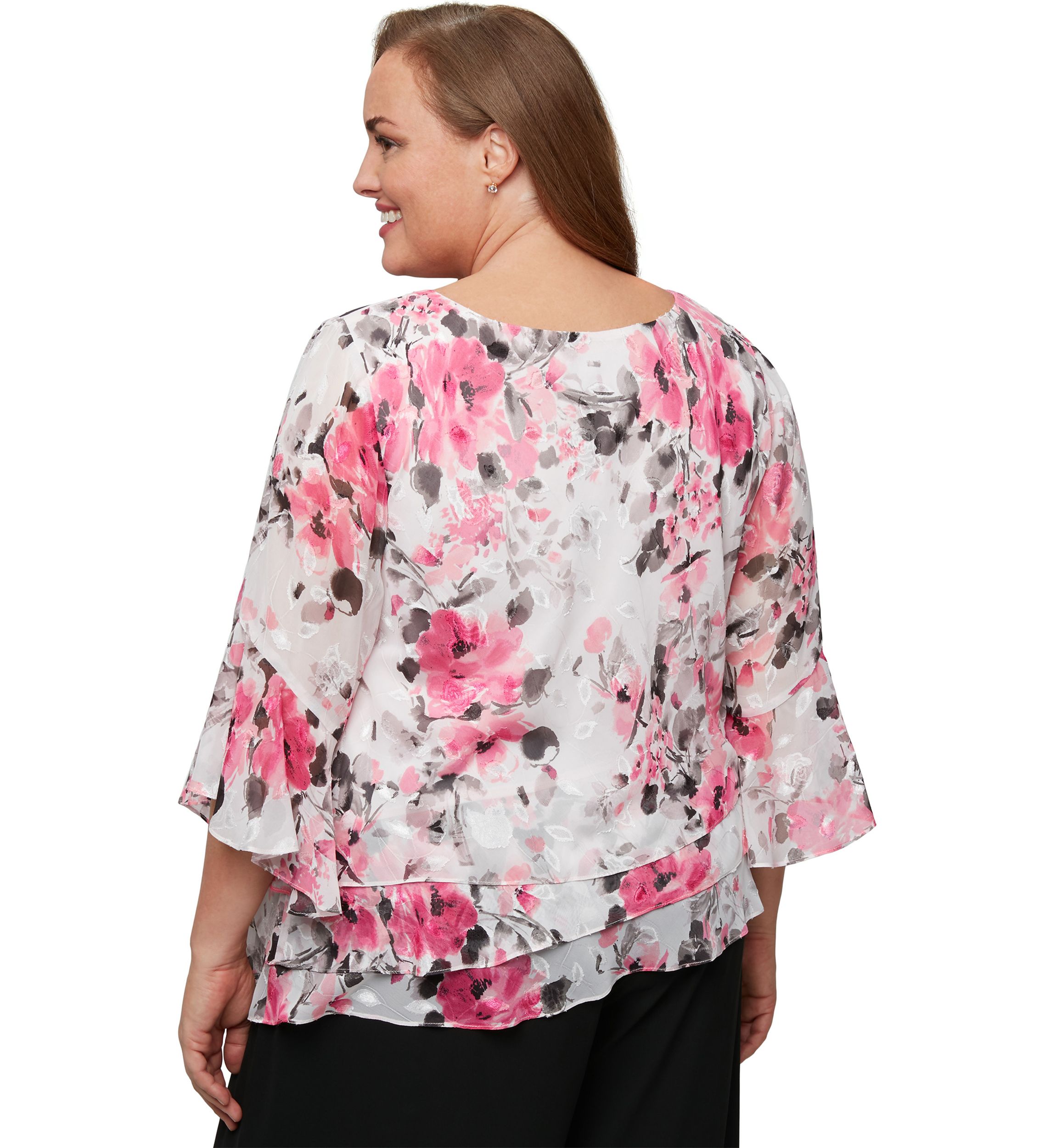 Plus Size 3/4 Sleeve Printed Chiffon Burnout Blouse