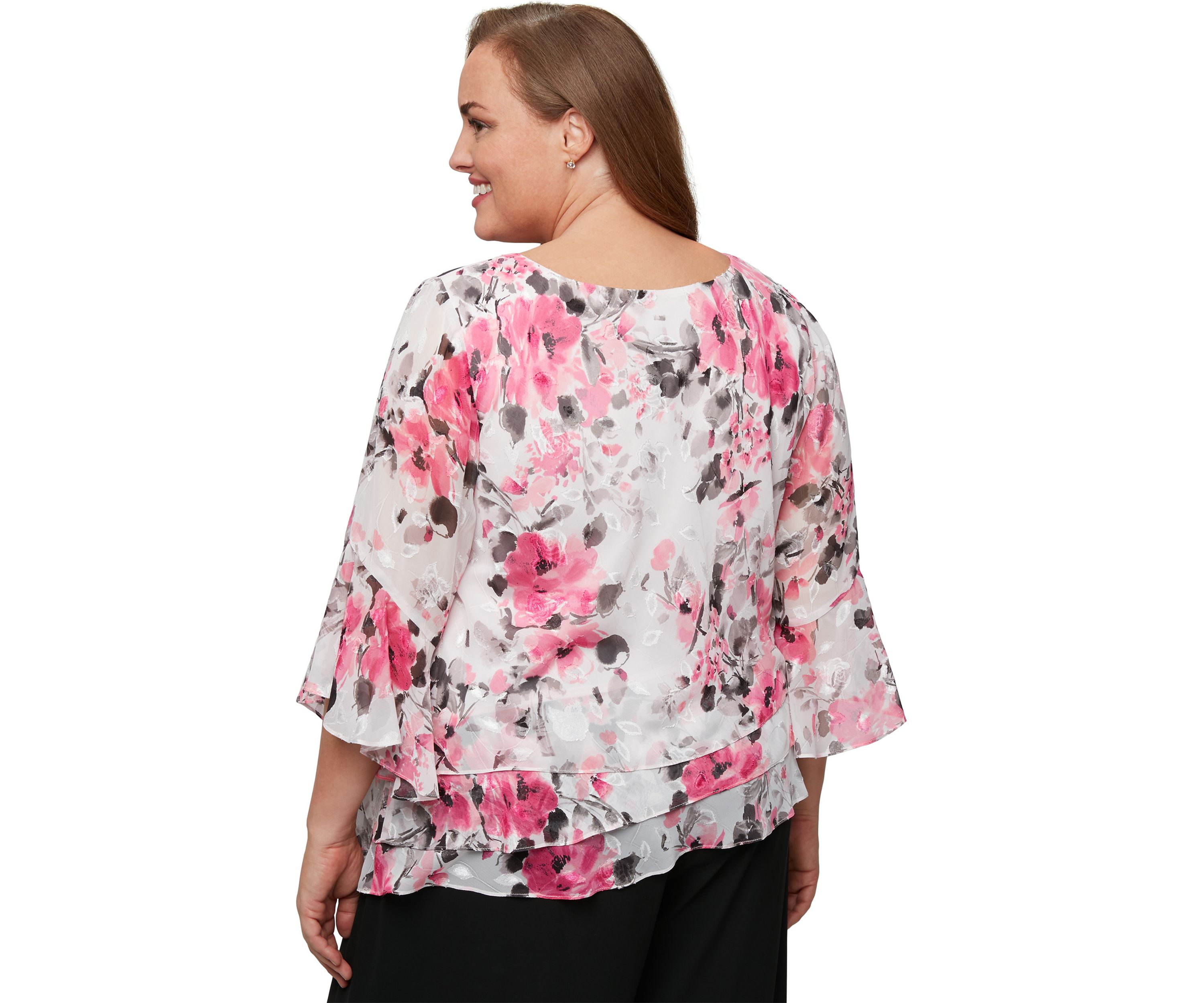 Plus Size 3/4 Sleeve Printed Chiffon Burnout Blouse