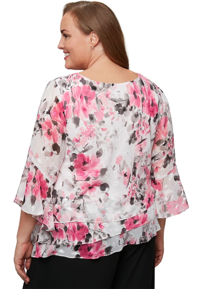 Plus Size 3/4 Sleeve Printed Chiffon Burnout Blouse