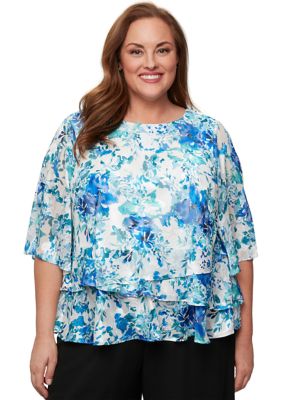 Alex Evenings Women's Plus Size 3/4 Sleeve Printed Chiffon Burnout Blouse